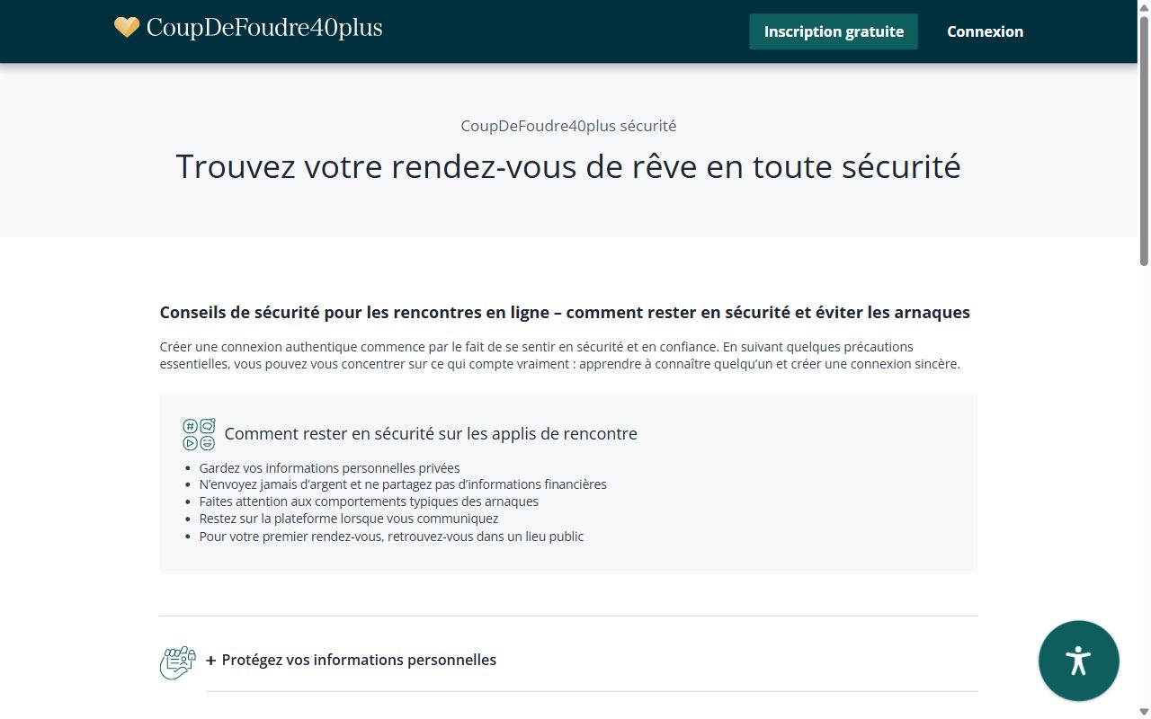 Page sécurité de CoupDeFoudre40plus