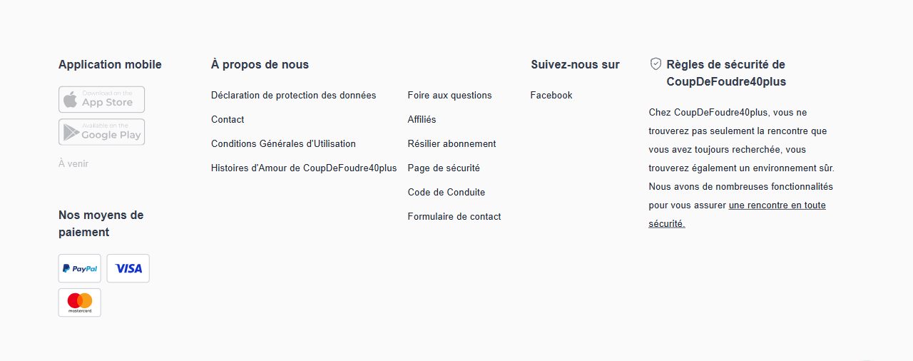 Pied de page de CoupDeFoudre40plus avec les moyens de paiement