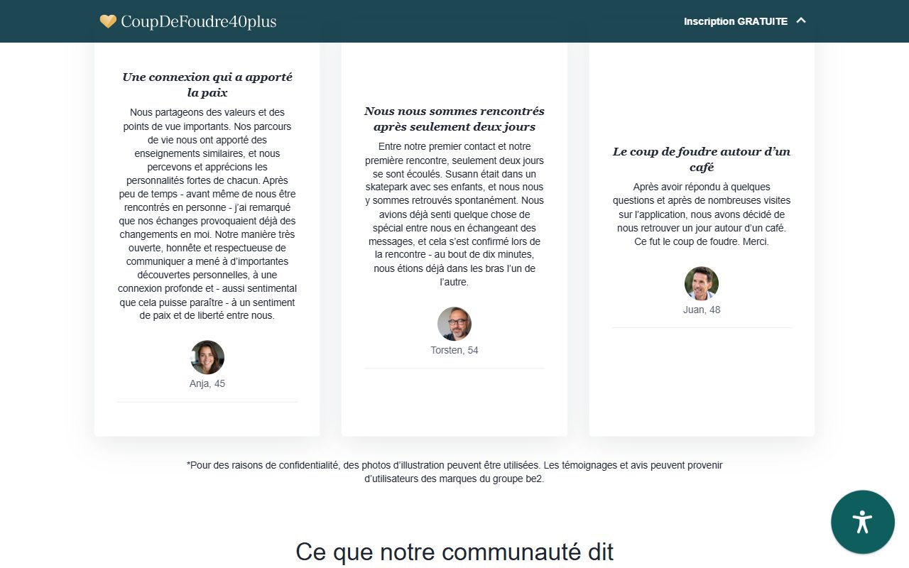 Témoignages de membres sur la page d'accueil de CoupDeFoudre40plus